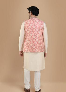 Peach And Cream Festive Kurta Jacket With Floral Detailing image number 3